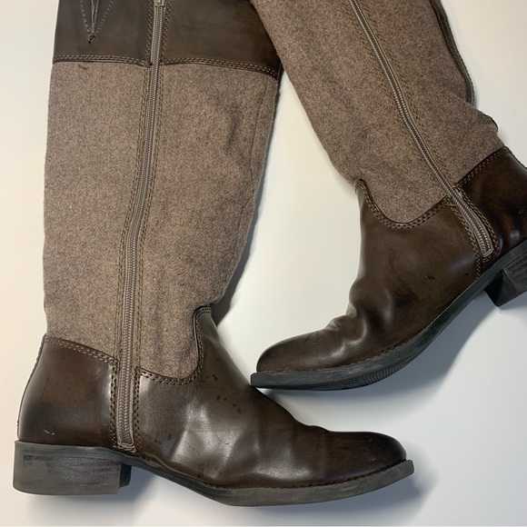 Tommy Hilfiger Tall Riding Boots Size 7 US Brown Beige Leather Textile Gold Logo - Picture 6 of 10